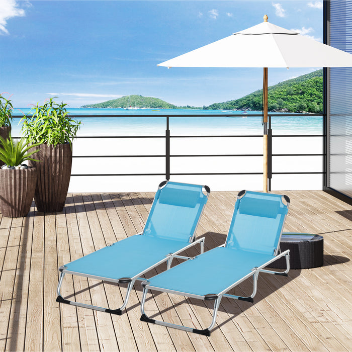 Adjustable Reclining Sun Lounger with Pillow - 2-Pack Aluminum Frame Folding Lounge Chairs, 5-Level Comfort - Ideal for Camping, Patio, Beach Relaxation