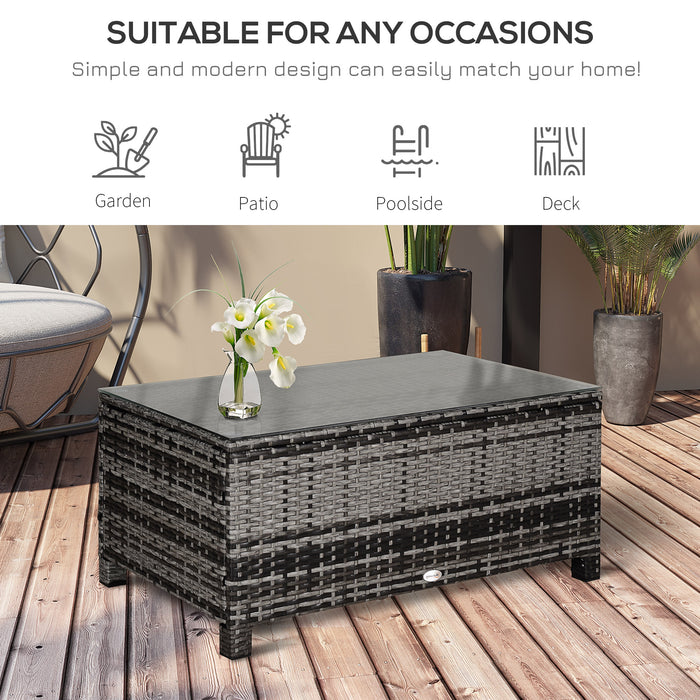 Rattan Wicker Coffee Table - Patio Garden Furniture with Tempered Glass Top, Mixed Grey Finish - Ideal for Outdoor and Indoor Use