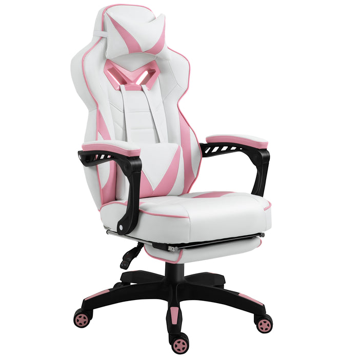 Ergonomic Racing Gamer Chair with Adjustable Features - Rolling Office Desk Chair with Headrest, Lumbar Support & Retractable Footrest in Pink - Ideal for Comfortable Gaming & Productive Work Environments