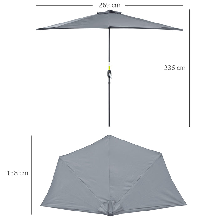 2.7m Half Parasol Balcony Umbrella with 5 Steel Ribs - Space-Saving Garden Outdoor Shade in Grey - Ideal for Compact Patio Areas and Sun Protection