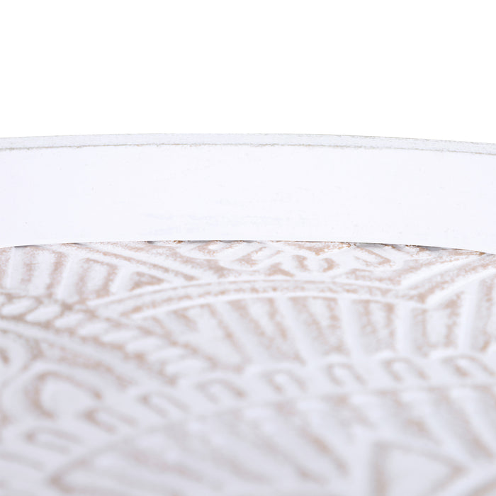 Carved Floral Round Coffee Table Set - Tray-top Design with Wooden Legs, Modern Side Tables - Ideal for Living Room Décor, Pair in White