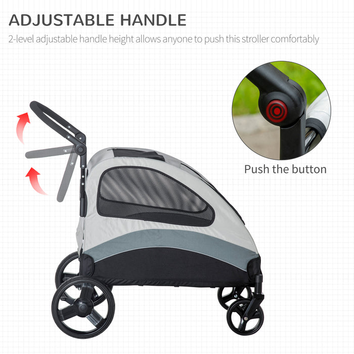 4-Wheel Pet Stroller for Medium Dogs & Cats - Safety Leash, Zipper Doors, Mesh Windows, Storage Bag in Grey - Ideal for Safe & Comfortable Pet Travel