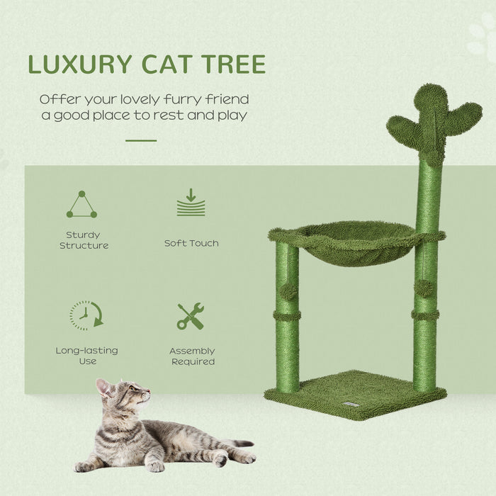 Cactus Cat Tower with Scratching Post - Kitten Activity Center Featuring Plush Hammock and Dangling Ball Toy - Perfect for Playful Cats and Scratching Needs