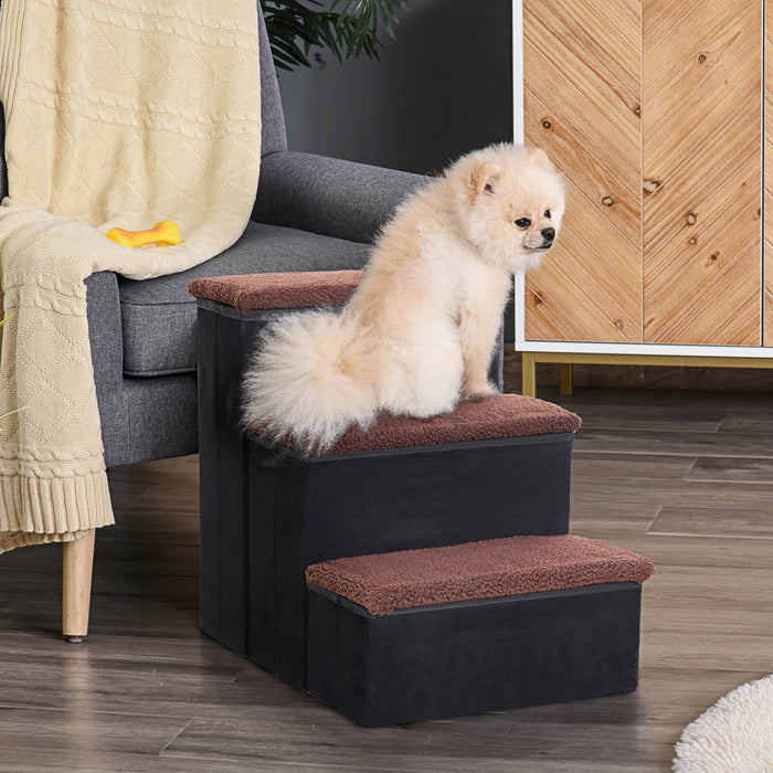Foldable 3 Step Pet Stairs - Portable Mobility Assistance with Washable Fleece Cover, 41x19cm, Black - Ideal for Small and Aging Pets