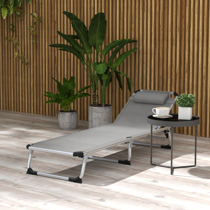 Foldable Reclining Sun Lounger with Pillow - 4-Level Adjustable Back, Aluminium Frame, Portable Outdoor Lounge Chair - Ideal for Camping, Relaxing in Garden and Patio Use