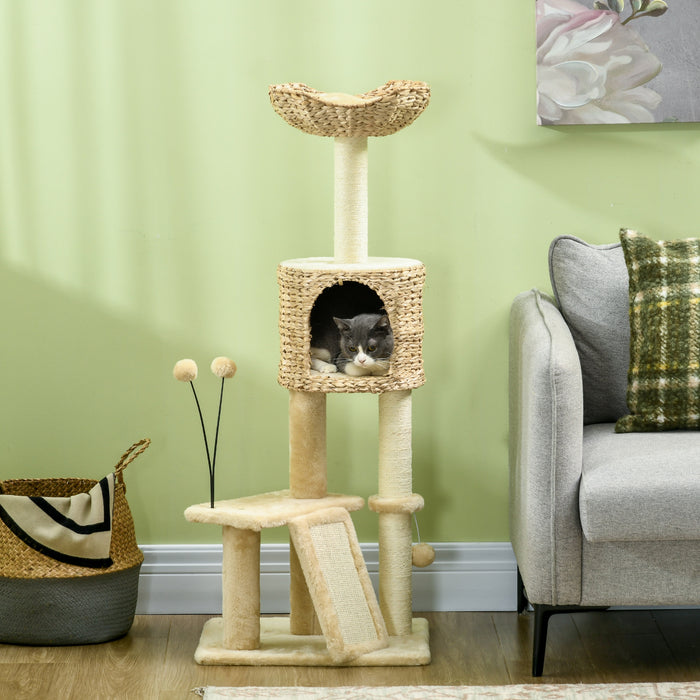 Deluxe Beige Cat Condo - Multilevel Scratching Post Tower with Cozy House, Cushioned Bed & Playful Toy Ball - Perfect Play & Rest Space for Felines