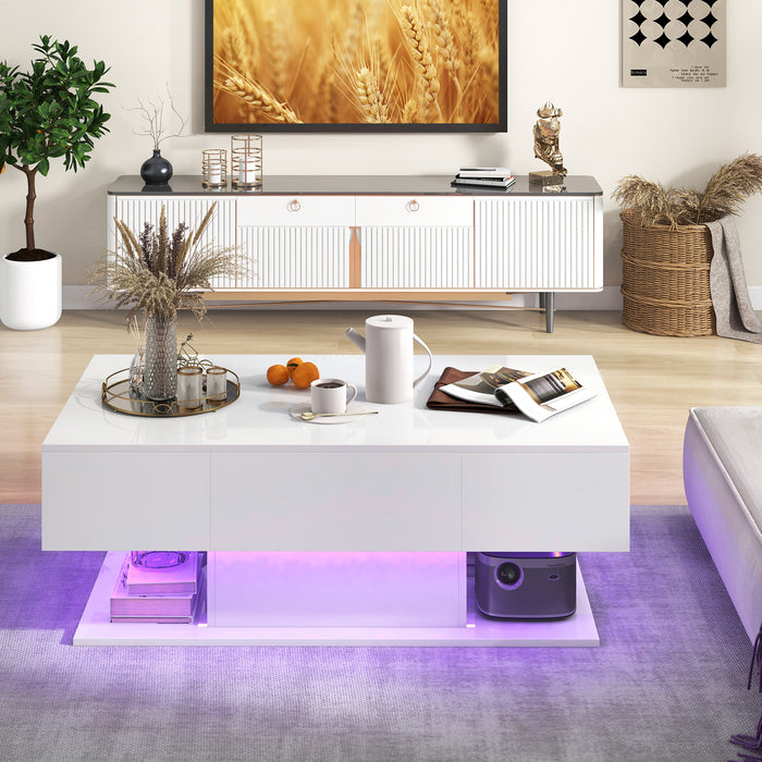 LED Table with Drawers - White Coffee Table with Remote Control - Modern Storage Solution for Living Room