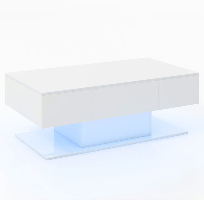 LED Table with Drawers - White Coffee Table with Remote Control - Modern Storage Solution for Living Room