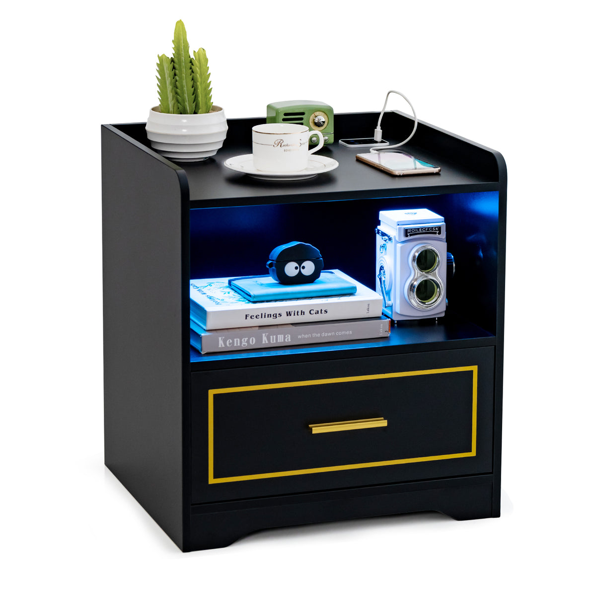 LED & USB Hybrid Nightstand - With Integrated Type-C Port in Sleek Black - Ideal Charging Solution for Modern Homes