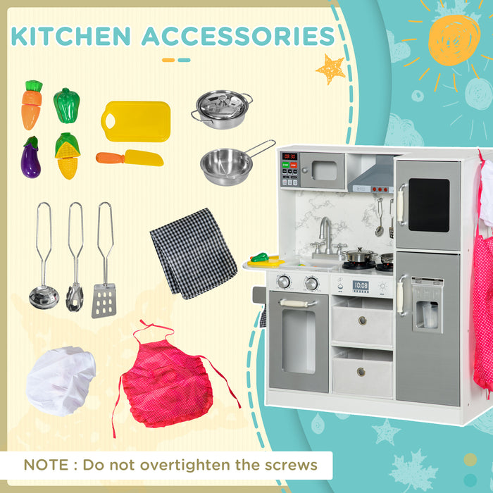 Kids Play Kitchen with Interactive Features - Includes Lights, Sounds, Ice Maker, and Microwave - Comes with Apron and Chef Hat for Ages 3-6, White