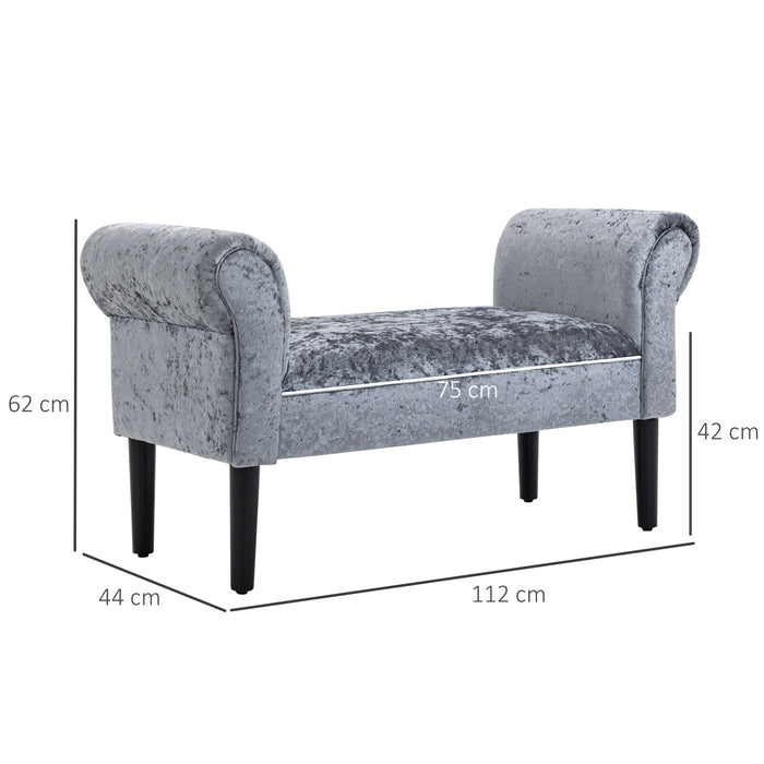 Velvet Fabric Bed End Bench with Sponge Cushion - Ice Crush Upholstery and Silver-Grey Tone, Armrests Included - Elegant Bedroom Accent Furniture