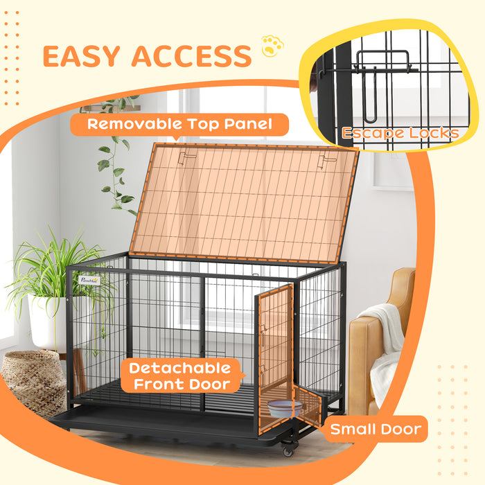 Heavy Duty 48-Inch Dog Crate with Wheels - Large and Extra-Large Double Door Pet Kennel with Bowl Holder and Removable Tray - Easy Transport and Cleaning for Big Breeds
