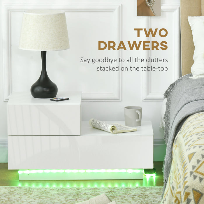 Modern High Gloss Bedside Cabinets with Drawers - Sleek Nightstand with RGB LED Lighting & Remote Control - Perfect for Bedroom & Living Room Ambiance