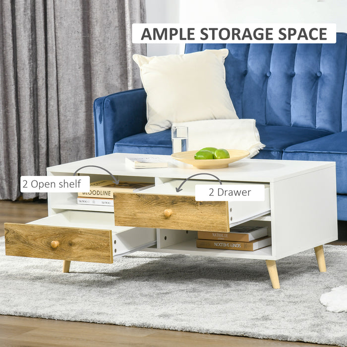 Rectangular Coffee Table with Storage - Dual-Drawer Side Table with 2 Shelves, White and Brown Finish - Stylish Organization for Living Room, Bedroom, Office