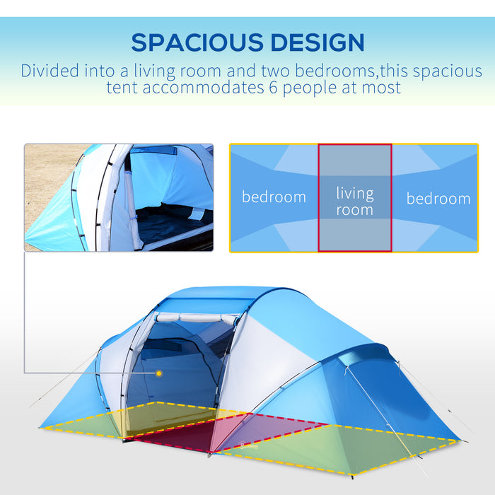 Family Tunnel Tent for 4-6 People - Two-Bedroom Camping Shelter with UV Protection, Ideal for Hiking and Outdoors - Blue/White Sunshade for Group Adventures