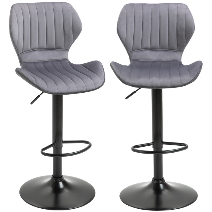 Velvet-Touch Fabric Swivel Bar Stools - Set of 2 Adjustable Height Counter Chairs with Footrest, Grey - Ideal for Home Bar or Kitchen Island Seating