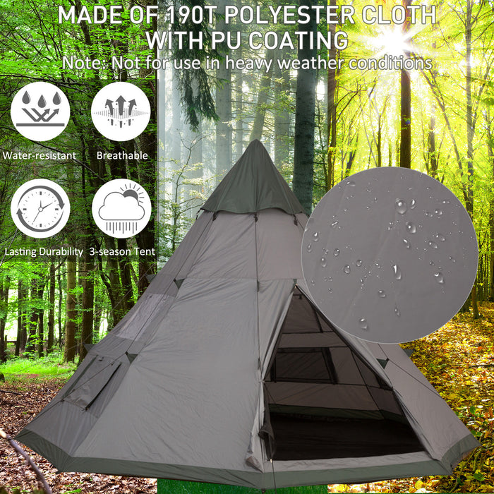 6-Person Tipi Camping Tent - Family Teepee with Mesh Windows, Zippered Entrance & Carry Bag - Easy Setup for Hiking, Picnics & Outdoor Adventures, Green/Grey