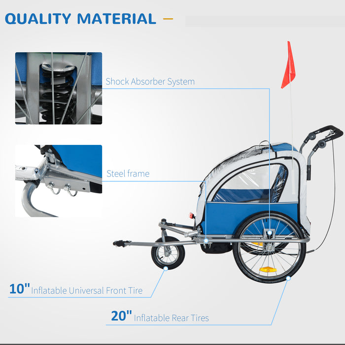 2-Seater Bike Trailer & Jogger Combo - Removable Canopy, Storage Pocket, Durable Steel Frame in Blue - Ideal for Active Parents with Babies or Young Children