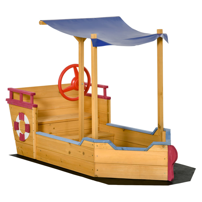Kids Wooden Sandbox Play Boat - Covered Outdoor Sand Play Station with Canopy Shade for Ages 3-8 - Ideal for Backyard Fun and Creativity in Orange
