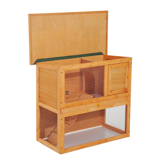 Wooden 90cm Double-Deck Hutch - Spacious 2-Tier Rabbit Enclosure with Sturdy Construction - Ideal for Small Pet Housing and Comfort