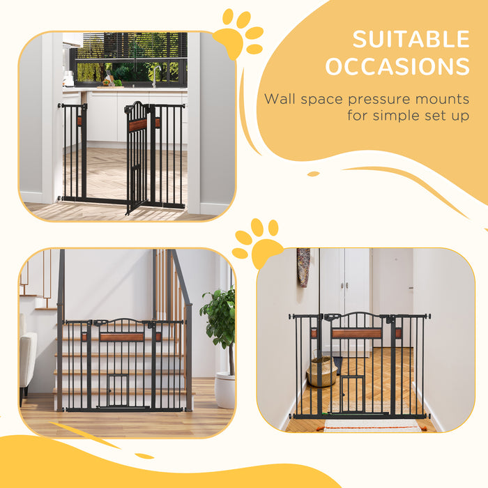 Auto Close Dog Gate with Cat Flap - Pine Wood Pet Safety Barrier with Double Locking System - Ideal for Doorways, Stairs & Indoor Areas, Adjustable Width 74-105cm, Elegant Black Finish