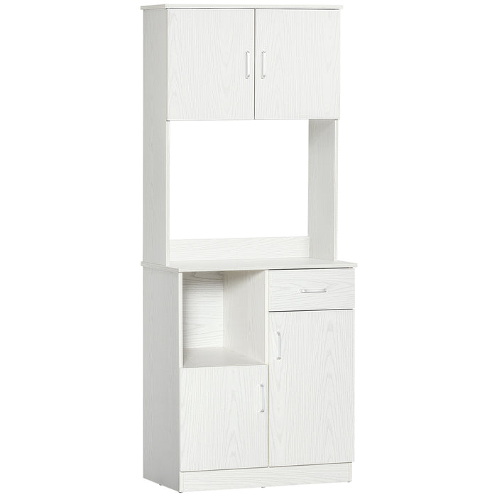 Versatile Freestanding Kitchen Storage Unit - Microwave Stand, Dual Cabinets, Adjustable Shelving in Classic White - Ideal for Organizing Kitchenware & Appliances