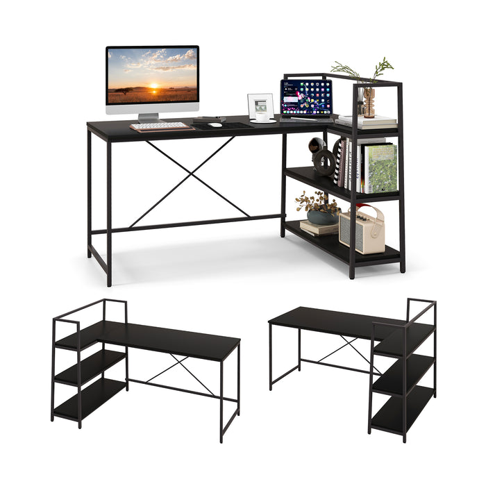 L-Shaped Reversible Desk with Storage - Computer Desk with Open Shelves in Black - Ideal for Home and Office Use