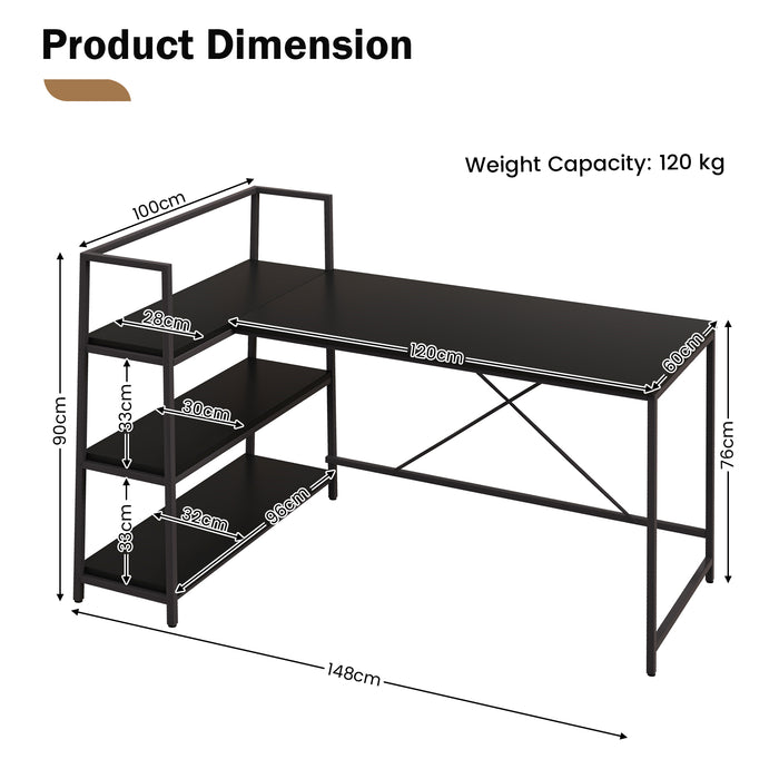 L-Shaped Reversible Desk with Storage - Computer Desk with Open Shelves in Black - Ideal for Home and Office Use
