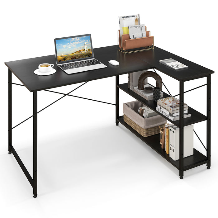 Corner Computer Desk- L-Shaped, Adjustable and Reversible Bookshelf in Black - Ideal for Home Office and Study Room Setup