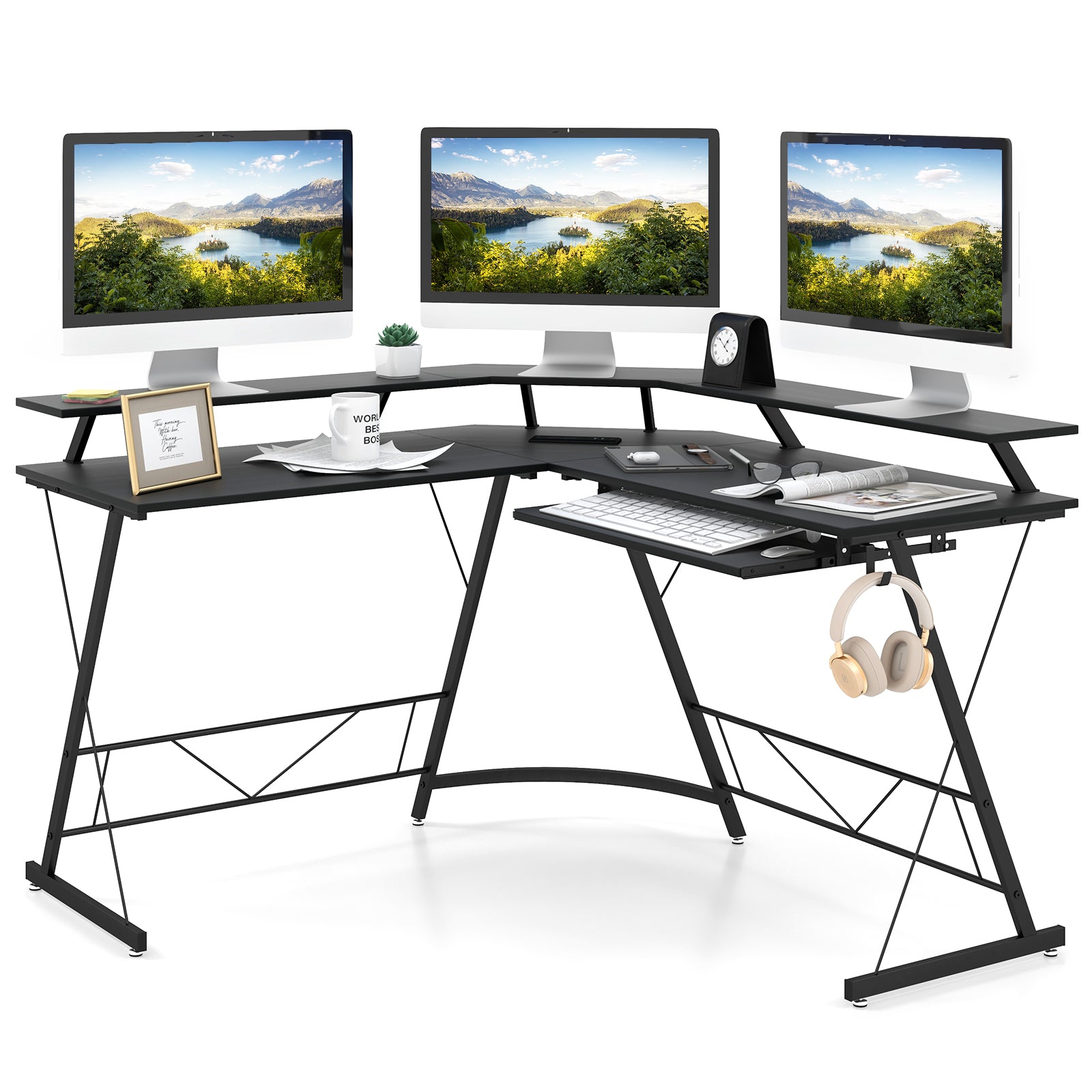 DeskCraft - L-Shaped Desk with Power Outlet and Elevated Monitor Stand - Ideal for Computer Users Seeking Ergonomic Comfort and Convenience