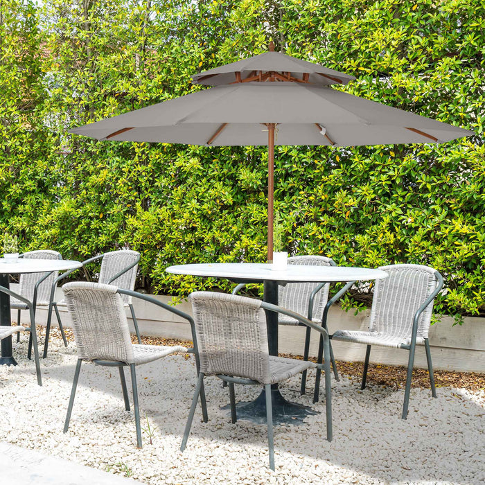 Double Tier 2.7m Garden Sun Umbrella - Outdoor Patio Wooden Parasol with Grey Canopy - Sunshade for Comfort and UV Protection