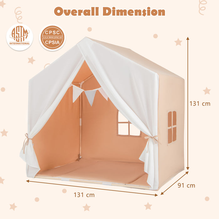 Large Kids Play Tent - Washable Cotton Mat, Flag Banner, Light Brown Design - Ideal for Imaginative and Creative Playtime