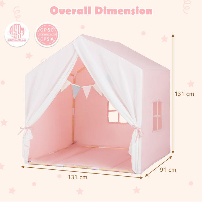 Large Kids Play Tent - Washable Cotton Mat, Flag Banner, Light Brown Design - Ideal for Imaginative and Creative Playtime