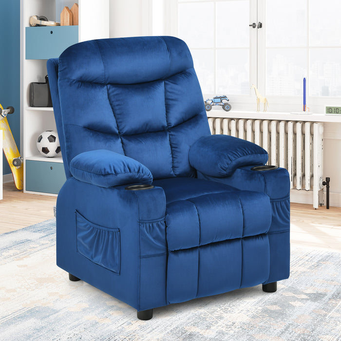 Kid's Lounge Recliner Chair - Adjustable and Large with Two Cup Holders in Blue Color - Perfect Seating Solution for Children's Comfort