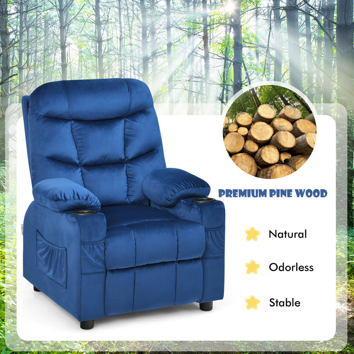Kid's Lounge Recliner Chair - Adjustable and Large with Two Cup Holders in Blue Color - Perfect Seating Solution for Children's Comfort