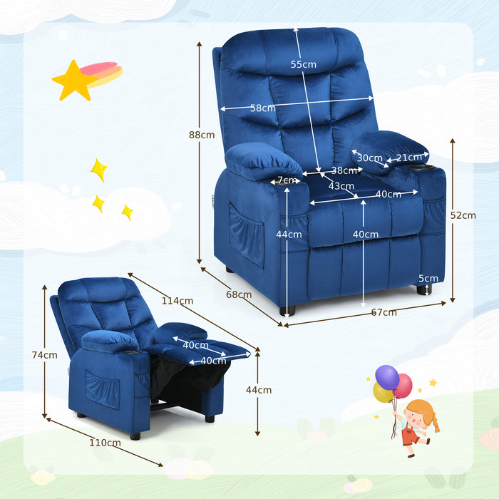 Kid's Lounge Recliner Chair - Adjustable and Large with Two Cup Holders in Blue Color - Perfect Seating Solution for Children's Comfort
