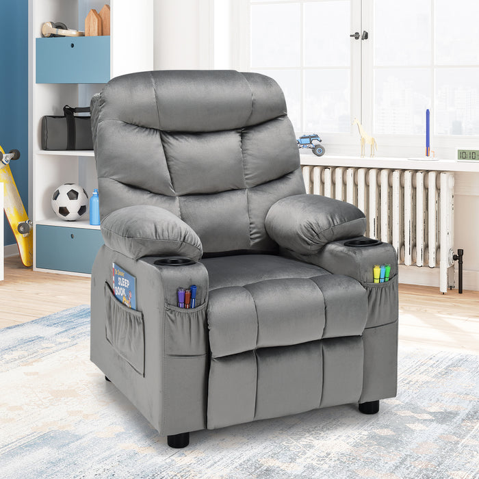Kid's Lounge Recliner Chair - Adjustable and Large with Two Cup Holders in Blue Color - Perfect Seating Solution for Children's Comfort