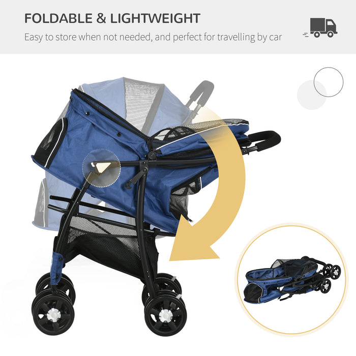 Foldable Pet Stroller with Spacious Carriage - Dog and Cat Travel System with Universal Wheels and Brake Canopy - Perfect for Pets, Includes Basket Storage Bag in Dark Blue