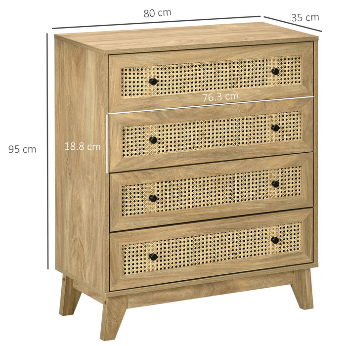 4-Drawer Rattan Storage Cabinet - Wooden Finish, Bedroom & Living Room Organizer, 80x35x95cm - Stylish Decluttering Solution