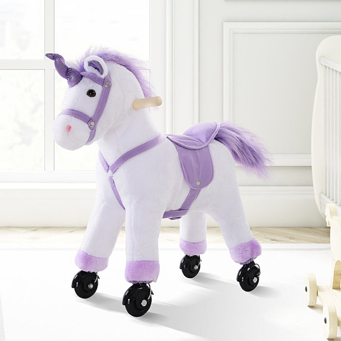 Sit-On Unicorn Horse with Neigh Sound Button - Plush Toy with Safe Seat and Handlebar on a Durable Wood Frame - Ideal for Kids' Imaginative Play