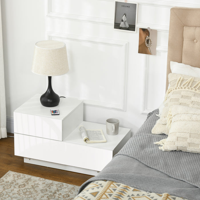 Modern High Gloss Bedside Cabinets with Drawers - Sleek Nightstand with RGB LED Lighting & Remote Control - Perfect for Bedroom & Living Room Ambiance