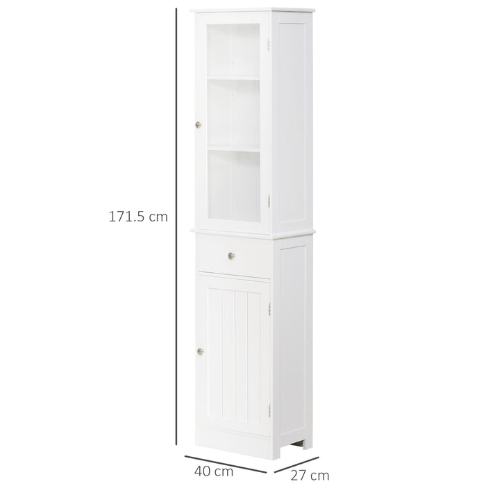 Slim White Bathroom Floor Cabinet - 3-Tier Shelf with Drawer and Door, Free Standing Storage Organizer - Ideal Space Saver for Toiletries and Linens