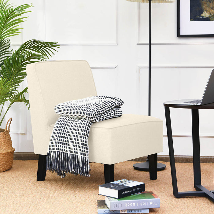 Linen Fabric Upholstered Armless Chair - Beige Accent Chair with Durable Rubber Wood Legs - Perfect for Home and Office Spaces