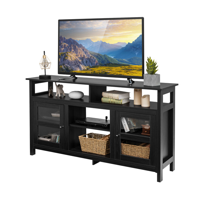 Home Entertainment Console Table - Wooden TV Stand with Built-In Fireplace and Dual Cabinets - Ideal for Living Room Décor and Storage Solution in Black Finish