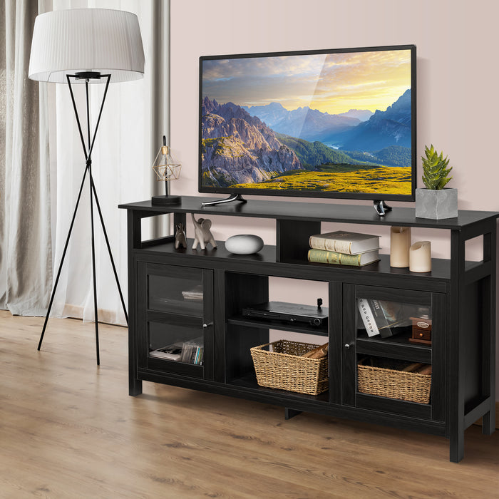 Home Entertainment Console Table - Wooden TV Stand with Built-In Fireplace and Dual Cabinets - Ideal for Living Room Décor and Storage Solution in Black Finish