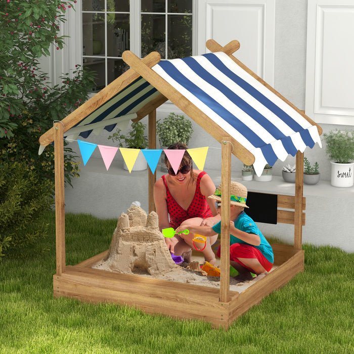 Kids Outdoor Wooden Sandbox with Protective Canopy - Weather-Resistant Brown House Design Play Area - Creative Play Space for Children