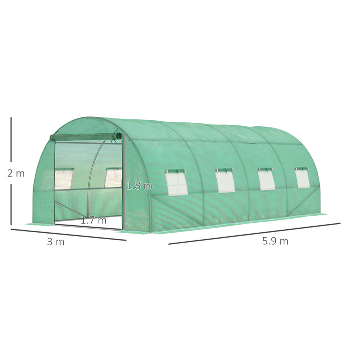 Large 6x3m Walk-In Polytunnel Greenhouse - Durable Steel Frame with Zippered Door & Roll-Up Windows, Green - Ideal for Extensive Home Gardening and Plant Growth