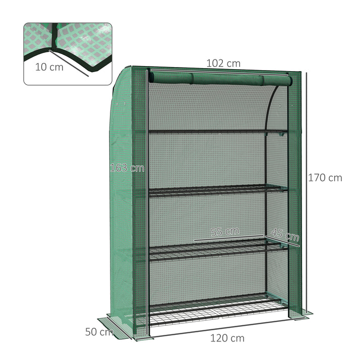 4 Tier Mini Greenhouse - Reinforced PE Cover, Roll-up Door, Wire Shelves, 170x120x50cm - Ideal for Gardeners and Seedling Growth