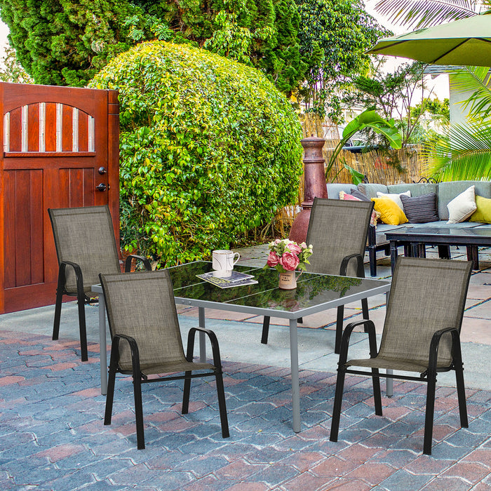 Outdoor Garden Dining Chair Set - 4 Piece Stackable High Backrest with Armrests & Breathable Mesh Fabric in Mixed Brown - Comfortable Patio Seating for Dining & Relaxation