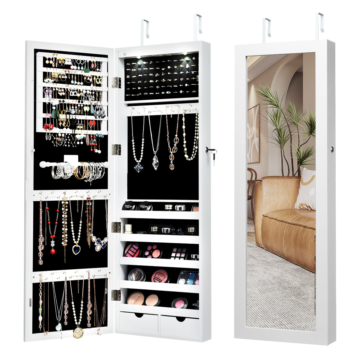 Cabinet Locking Jewelry Storage - Full Length Mirror with LED Lights, White Color - Perfect for Secure Jewelry Organization